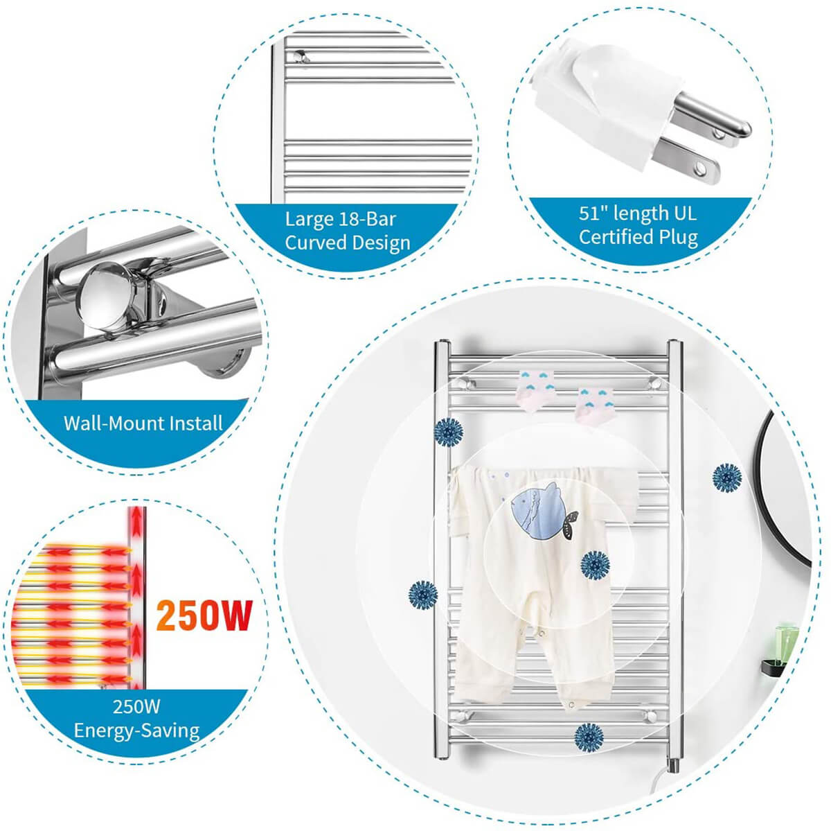 Towel Warmer Rack, Steel Heated Drying Rack Plug-in Wall Mounted Towel Warmer Rack for Bathroom (Silver, 18 Bar)