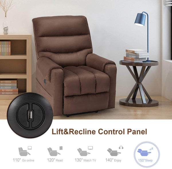 Homrest Electric Power Lift Recliner Chair Recliner Sofa for Elderly, Microfiber Recliner Chair with Heated Vibration Massage, 2 Side Pockets and USB Ports, Brown