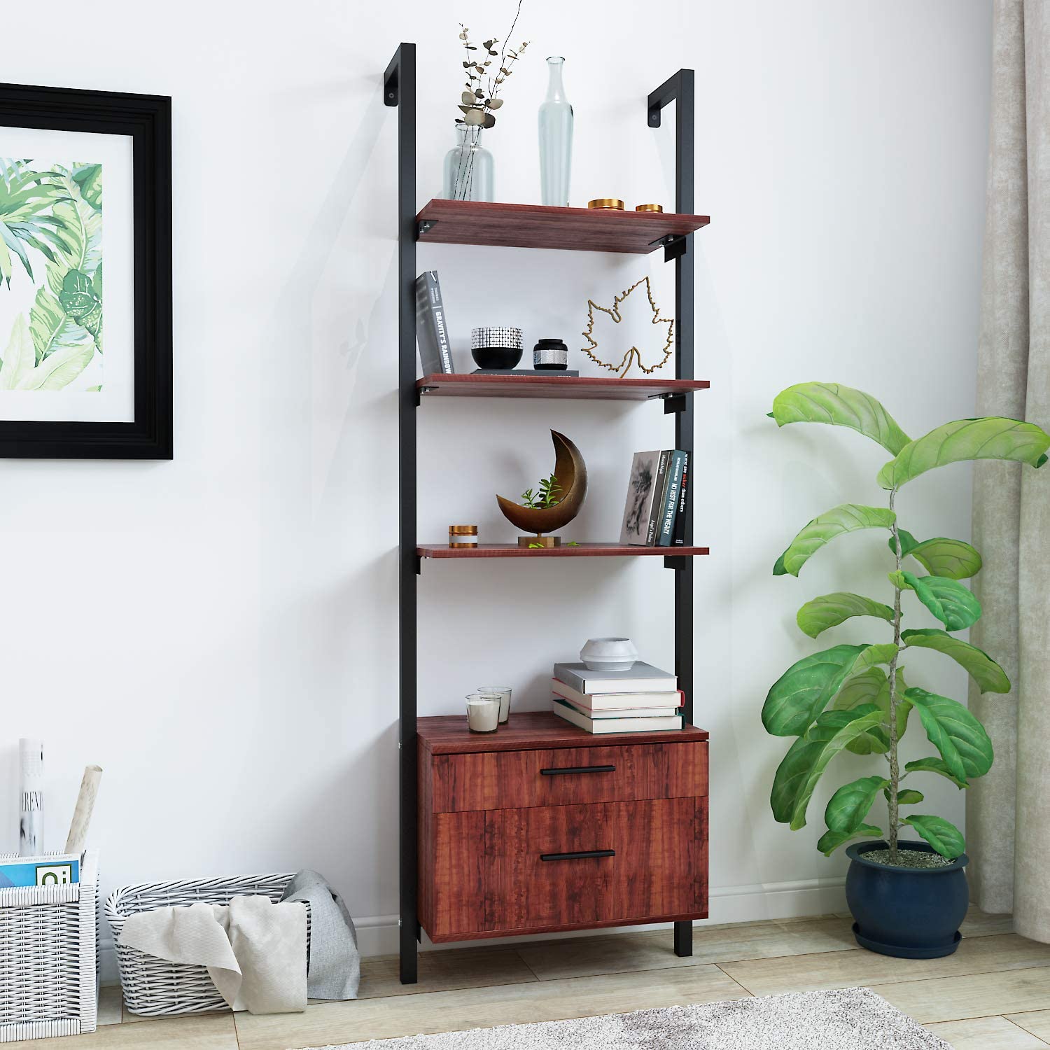 Homrest Wall Mounted Industrial 3-Tier Bookshelf with 2 Wood Drawers & Matte Steel Frame Ladder Shelf Bookcase, Black