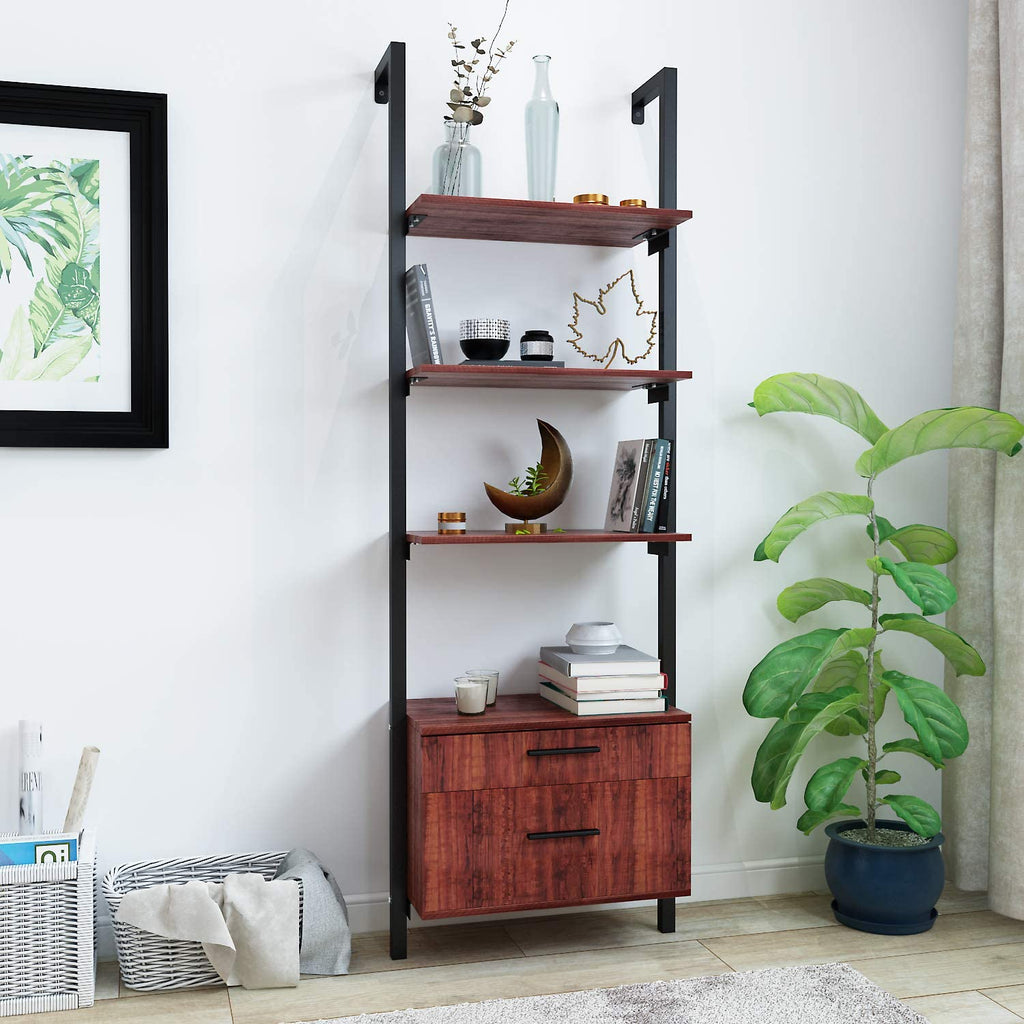 HOMBAZAAR Industrial Bookshelf, 6-Tier Industrial Pipe Bookshelf, Wall  Mounted Ladder Shelves with Metal Frame for Home Office, Living Room, Oak  Brown