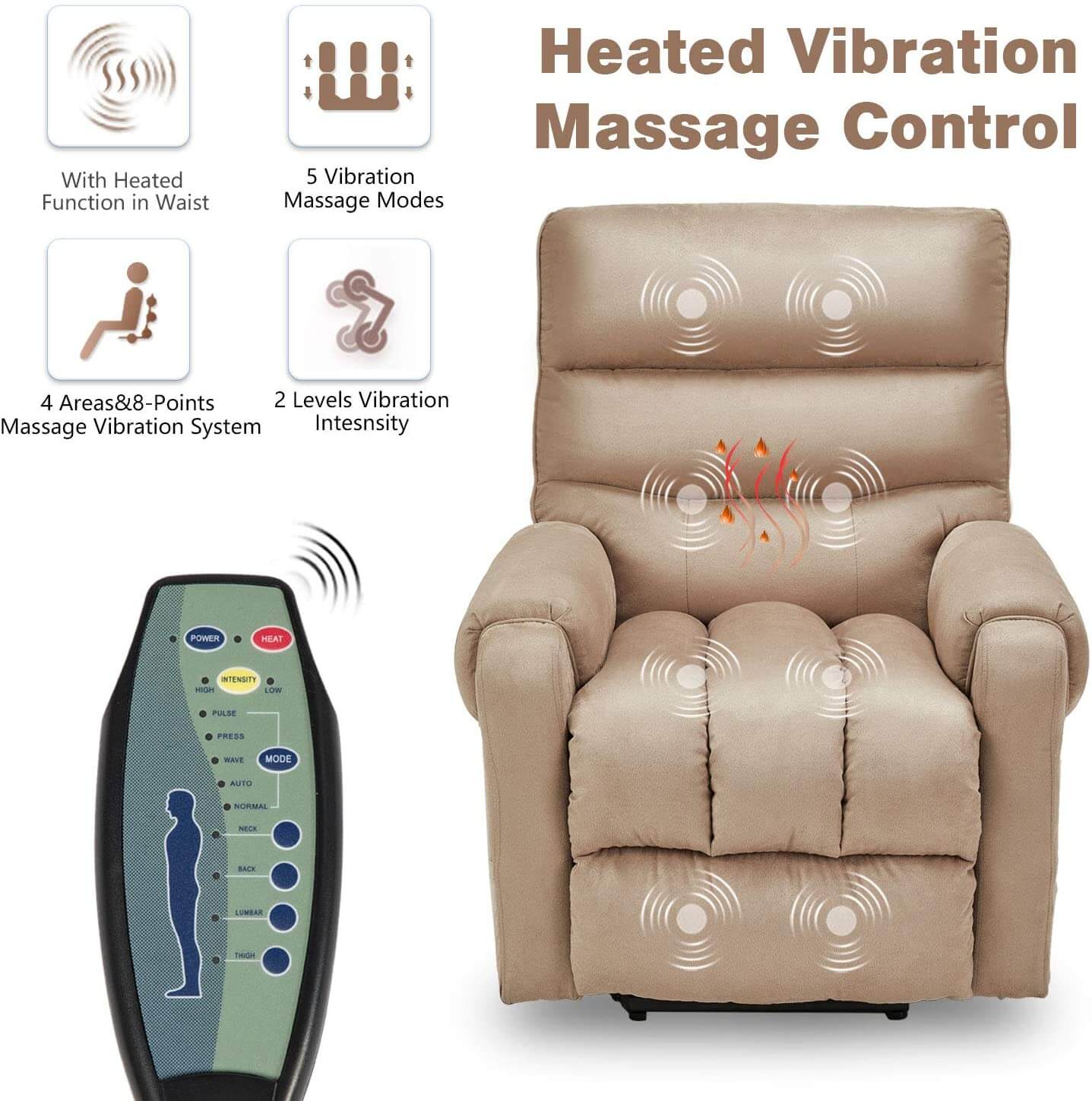 Homrest Electric Power Lift Recliner Chair Recliner Sofa for Elderly, Microfiber Recliner Chair with Heated Vibration Massage, 2 Side Pockets and USB Ports, Beige