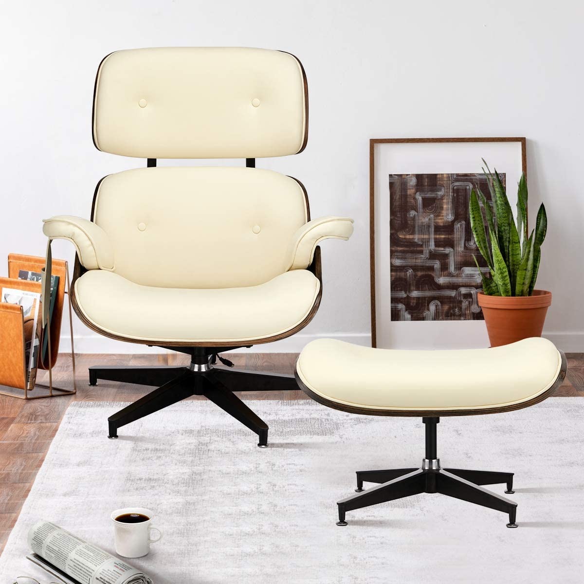 Lounge Chair with Ottoman, Mid Century Modern Lounge Chair, Faux Leather Lounge Chair with Light Vibration Massage Function and Storage Bag（White)