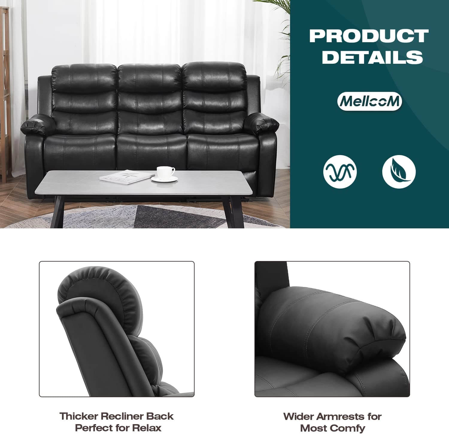 Homrest 3 seater Recliner Sofa Set Home Theater Seating Reclining Couch for Living Room, Black