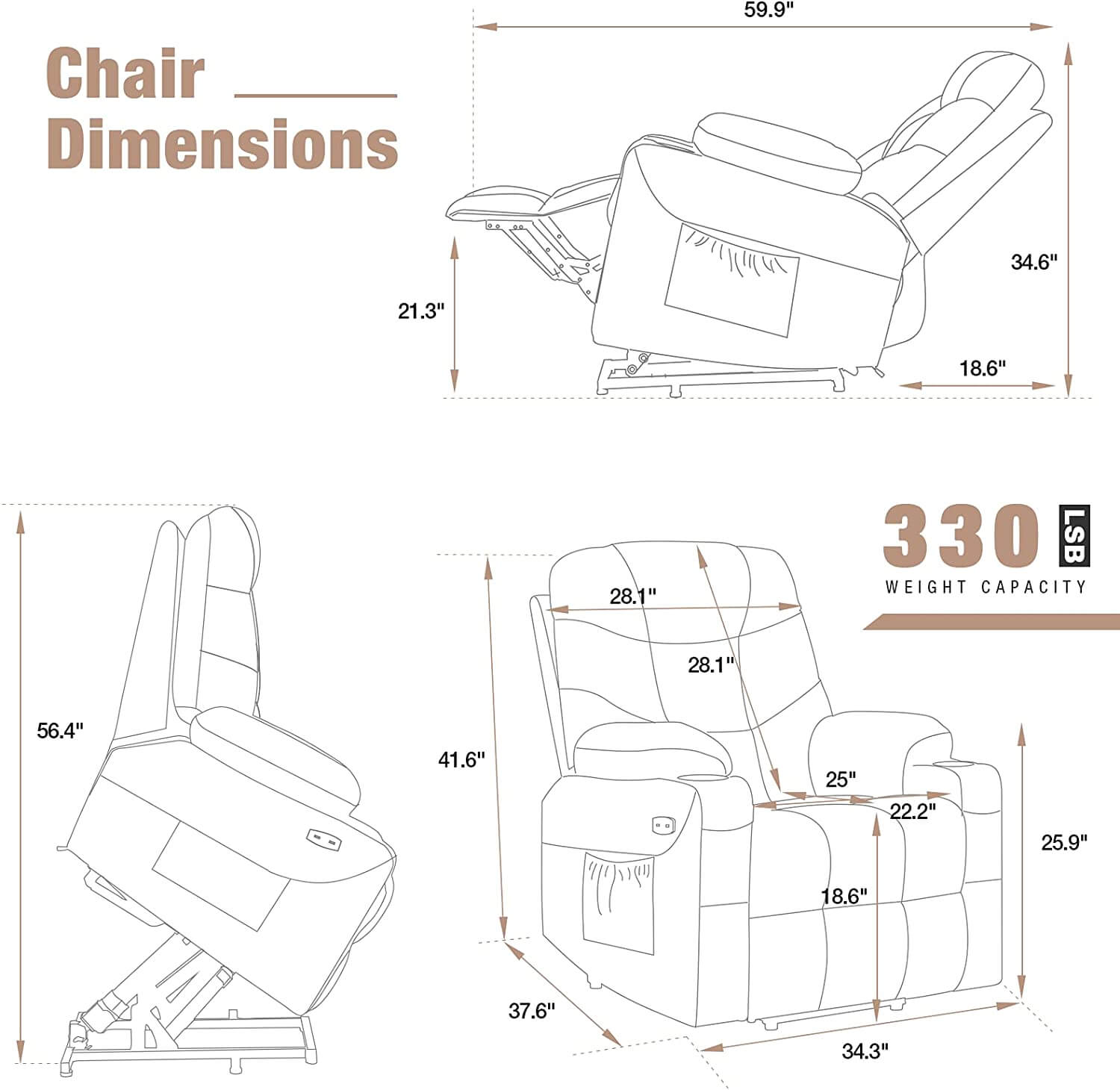 Homrest Electric Power Lift Chair Recliner Sofa for Elderly with Vibration Massage & Lumbar Heated, 2 Side Pockets & Cup Holders(Black)