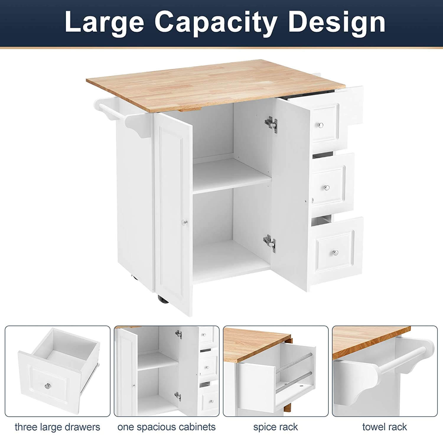 Rolling Kitchen Island Cart,Kitchen Trolley with Drop-Leaf Rubber Wood Tabletop,Lockable Wheels,Drawers & Cabinets,Towel Rack,Spice Rack,White