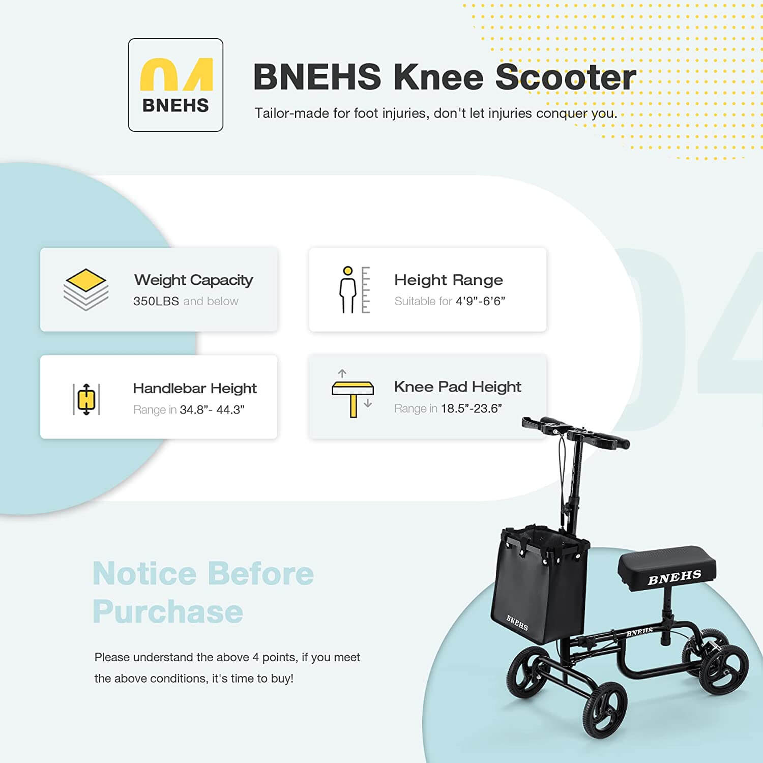 Homrest knee scooter with grooved brake pads folding knee walker for foot injured adults, black