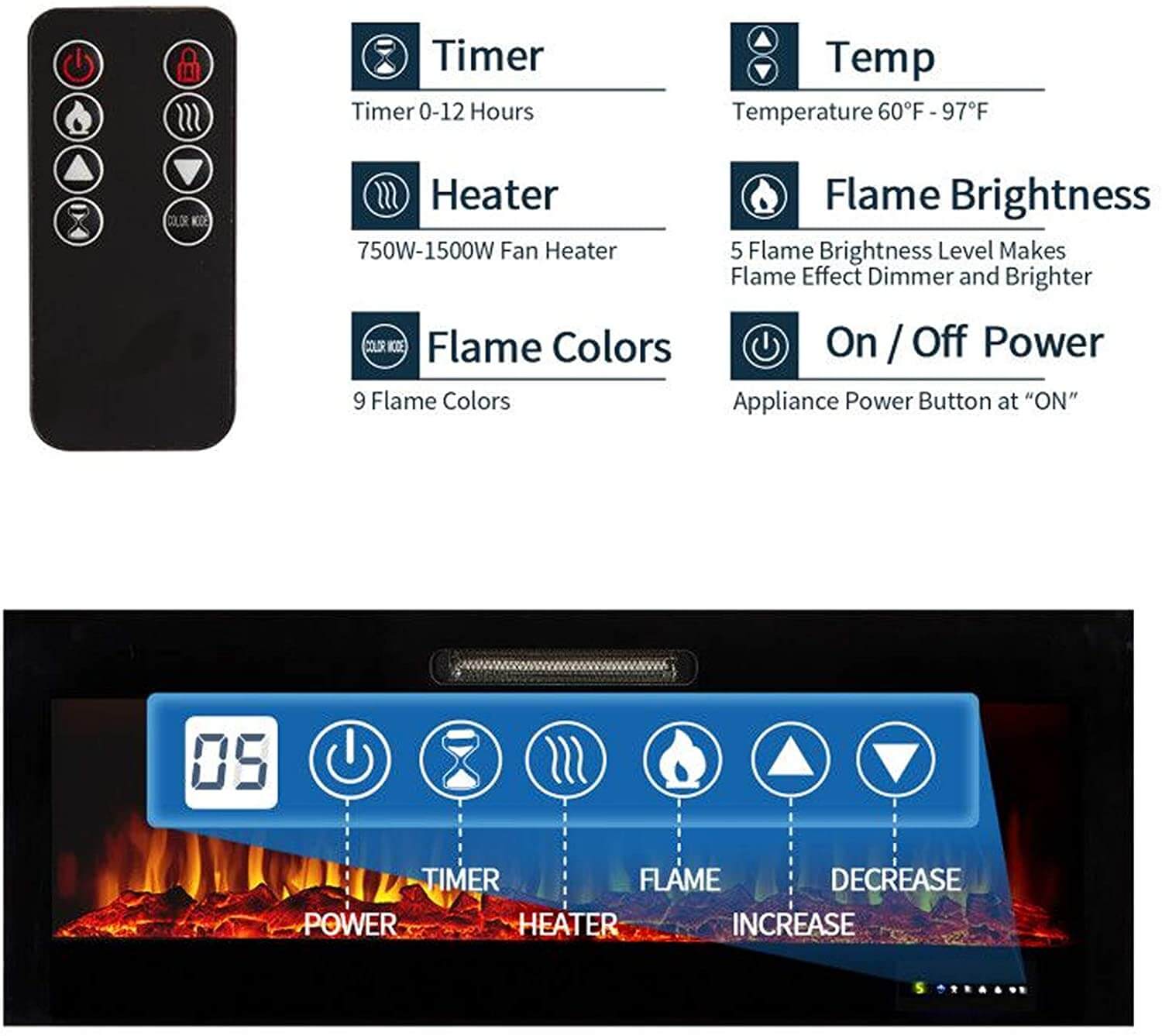 Homrest 50" Recessed Mounted Electric Fireplace Insert with Log/Crystal Option, 750/1500W