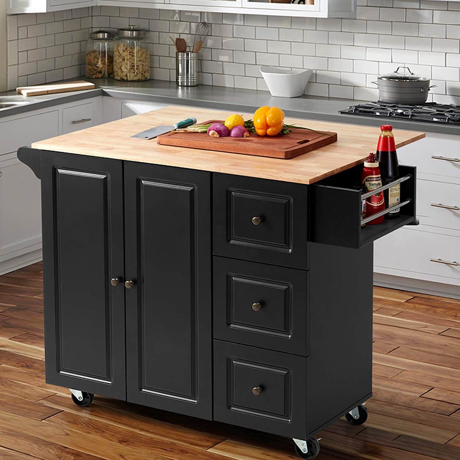 Rolling Kitchen Island Cart,Kitchen Trolley with Drop-Leaf Rubber Wood Tabletop,Lockable Wheels,Drawers & Cabinets,Towel Rack,Spice Rack,Black