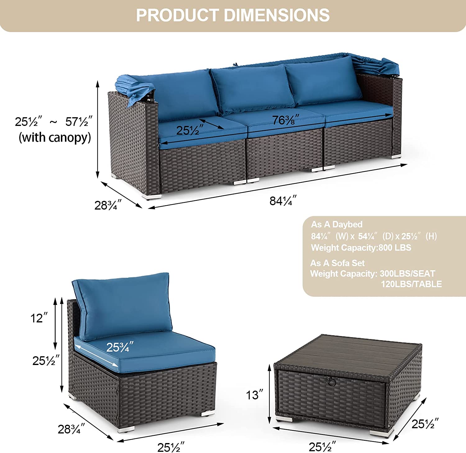 6 Pcs patio sectional sofa daybed with adjustable canopy and backrest, blue | Homrest furniture