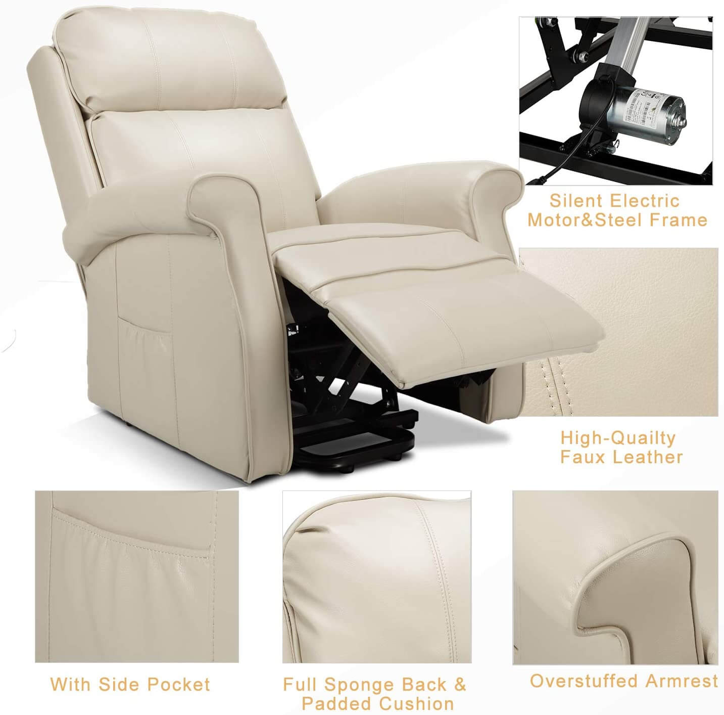 Homrest Electric Power Lift Recliner Chair, Faux Leather Electric Recliner for Elderly with Heated Vibration Massage(White)