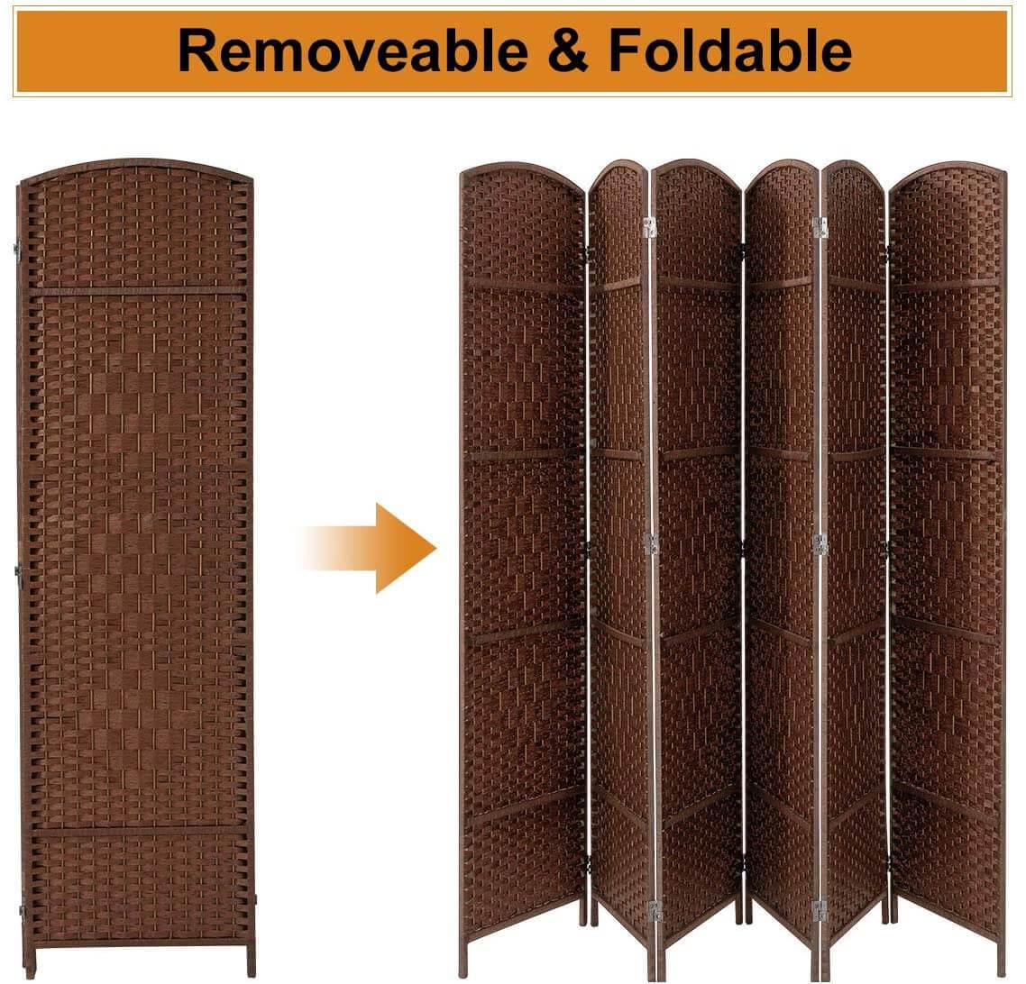 Homrest Room Divider,6 FT Tall Weave Fiber Room Divider,Double Hinged, 6 Panel Room Divider & Folding Privacy Screens, Freestanding Brown Room Dividers
