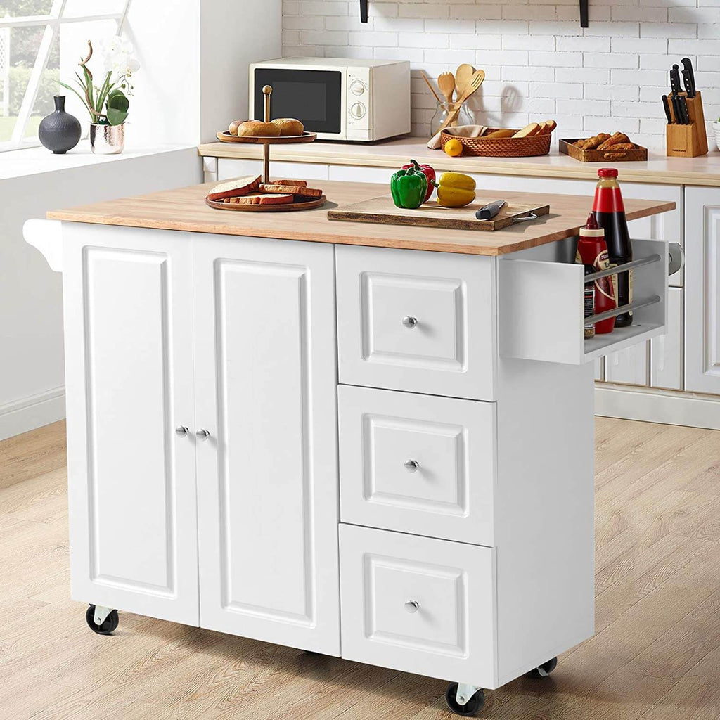 Rolling Kitchen Island Cart,Kitchen Trolley with Drop-Leaf Rubber Wood Tabletop,Lockable Wheels,Drawers & Cabinets,Towel Rack,Spice Rack,White