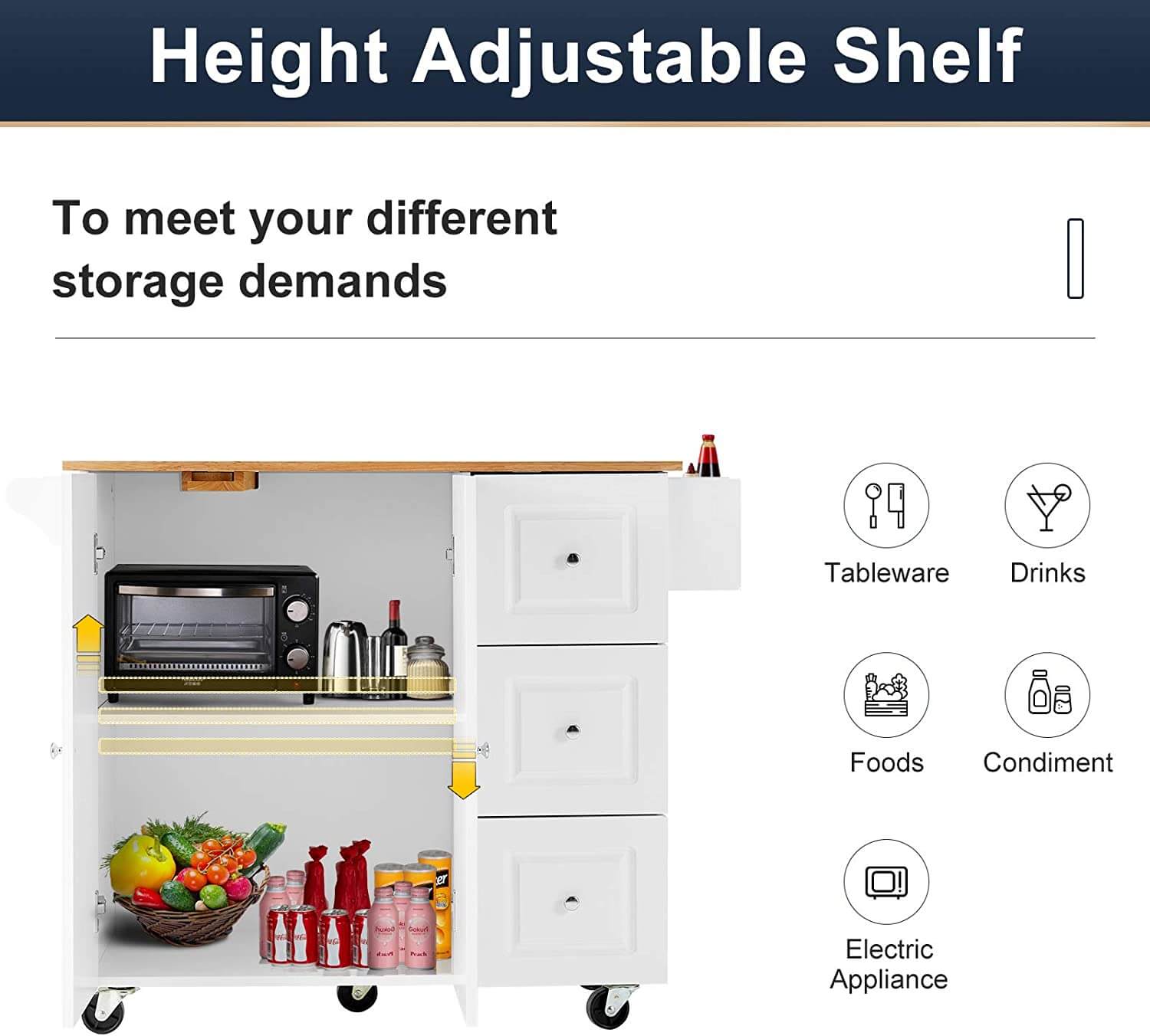 Rolling Kitchen Island Cart,Kitchen Trolley with Drop-Leaf Rubber Wood Tabletop,Lockable Wheels,Drawers & Cabinets,Towel Rack,Spice Rack,White