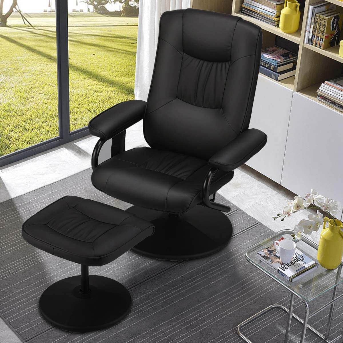 Recliner Chair and Ottoman, 360 Degrees Swivel Ergonomic Faux Leather Lounge Recliner with Footrest, Vibration Massage Lounge Chair with Side Pocket, Black