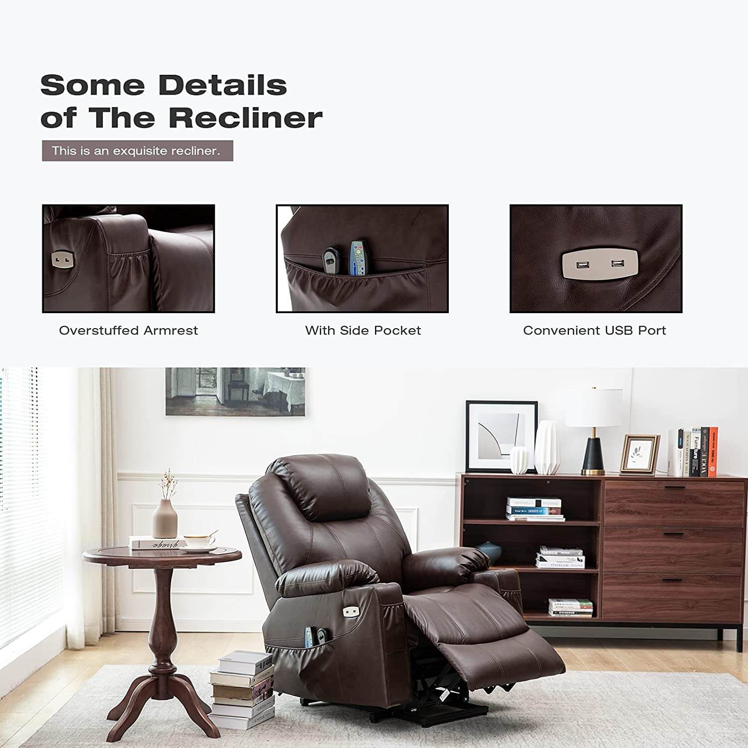 Homrest Electric Power Recliner Lift Chair Faux Leather Electric Recliner for Elderly, Heated Vibration Massage Sofa with Side Pockets, USB Charge Port & Remote Control(Brown)