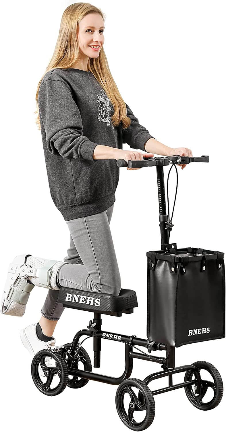 Homrest knee scooter with grooved brake pads folding knee walker for foot injured adults, black
