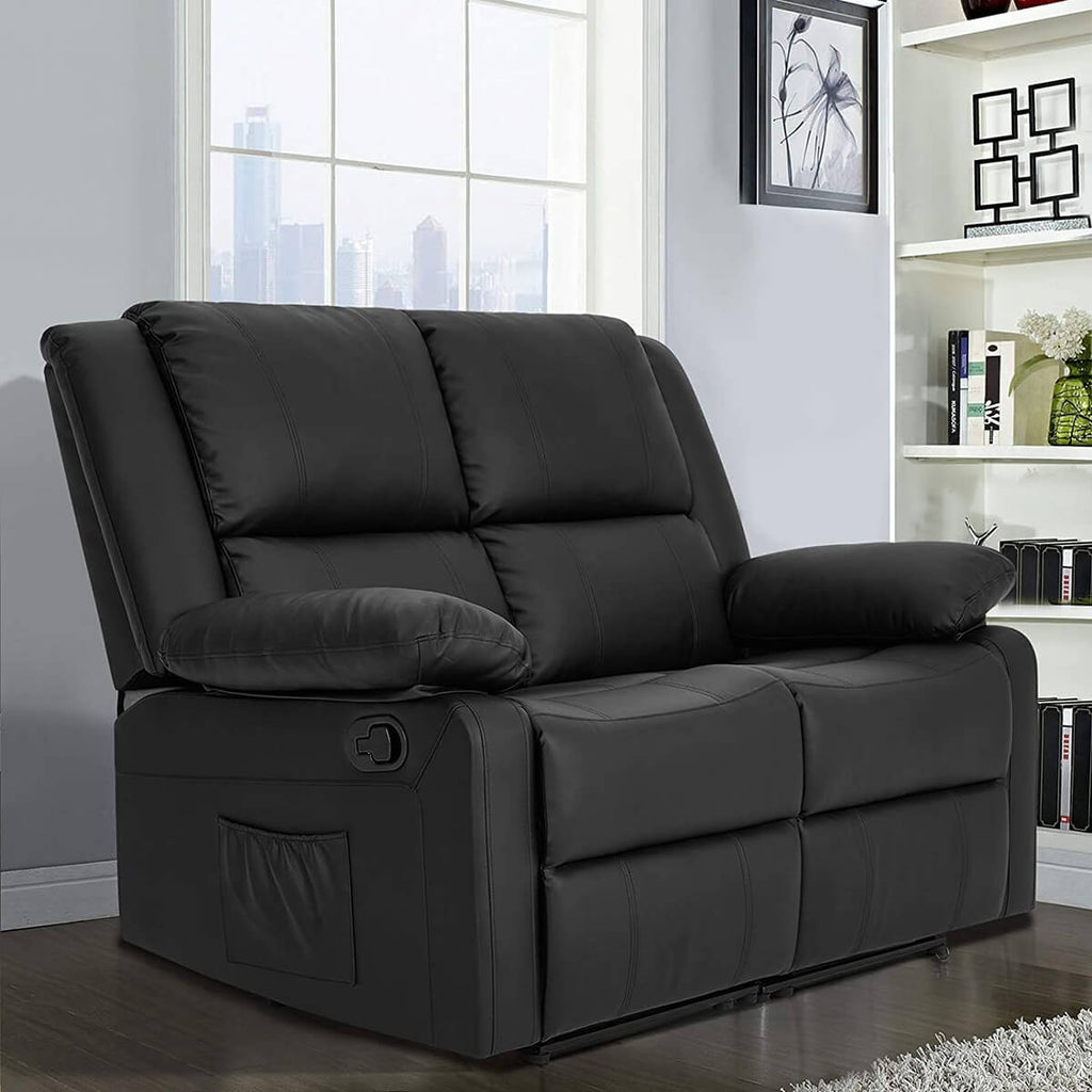 Recliner Chair with Massage Heated Function, Modern PU Leather Lounge Chair with Side Pocket, 2 Seat Sofa Living Room Chair, Black