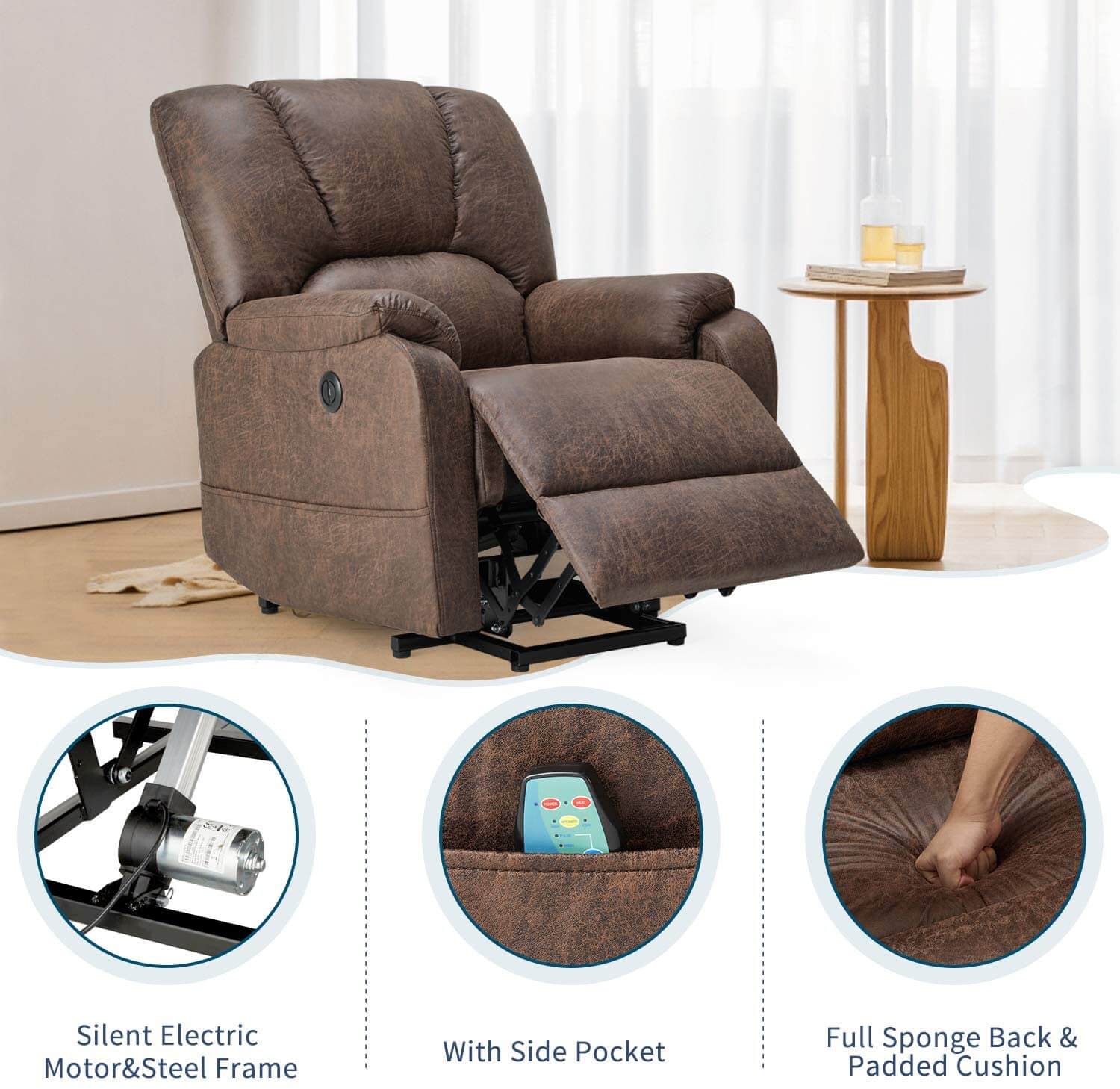 Homrest Electric Power Lift Recliner Chair Sofa with Massage and Heat for Elderly, Faux Leather Recliner Chair with Side Pockets & USB Port, Nut Brown