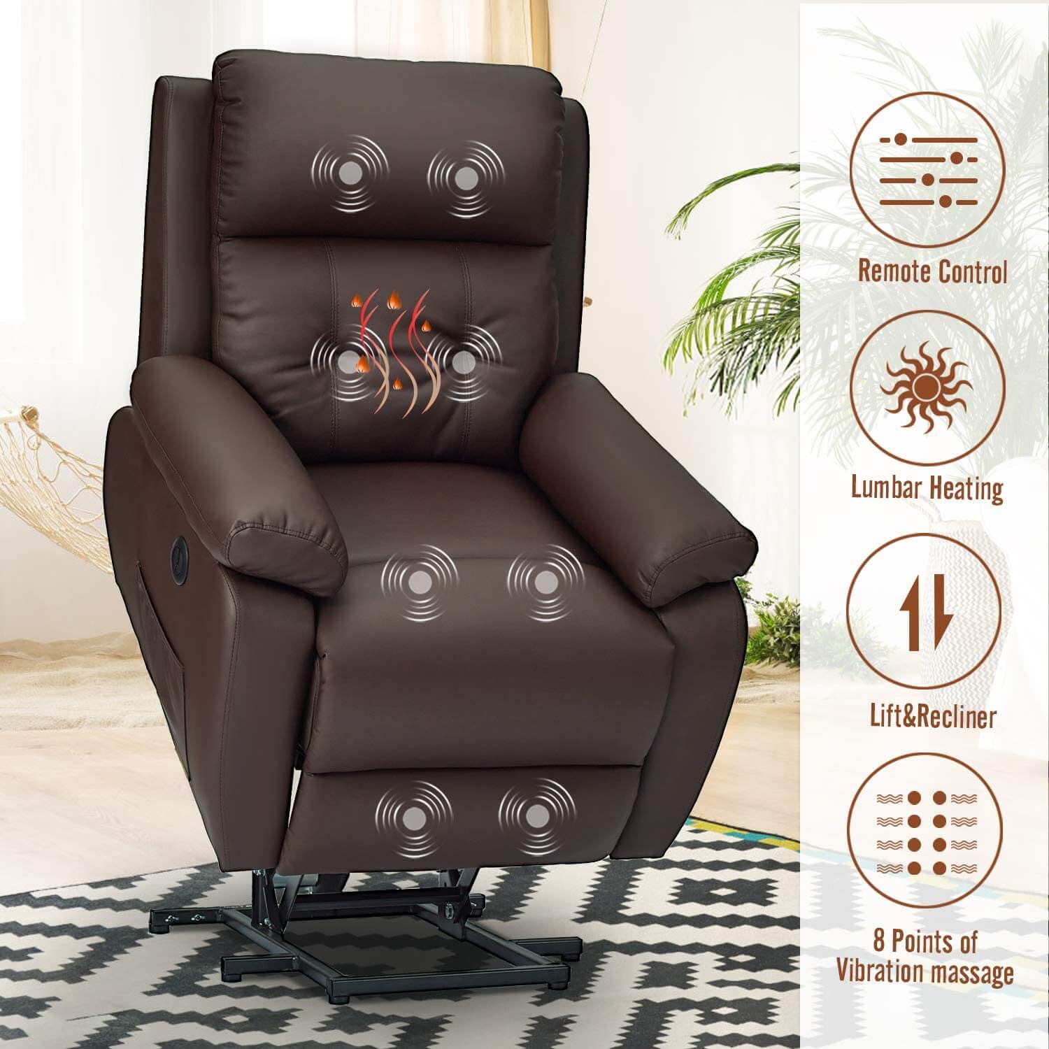 Homrest Electric Power Lift Recliner Chair Sofa for Elderly, Faux Leather Recliner Chair with Heated Vibration Massage, Side Pocket&USB Port(Brown)