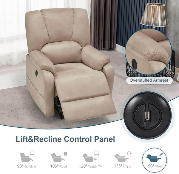 Homrest Electric Power Lift Recliner Chair Sofa with Massage and Heat for Elderly, Microfiber Recliner Chair with Side Pockets & USB Port, Beige