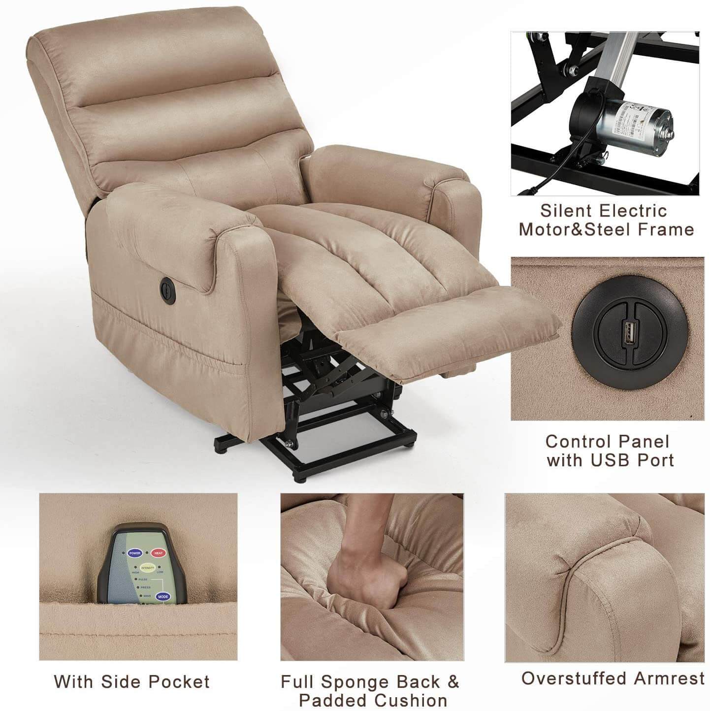 Homrest Electric Power Lift Recliner Chair Recliner Sofa for Elderly, Microfiber Recliner Chair with Heated Vibration Massage, 2 Side Pockets and USB Ports, Beige