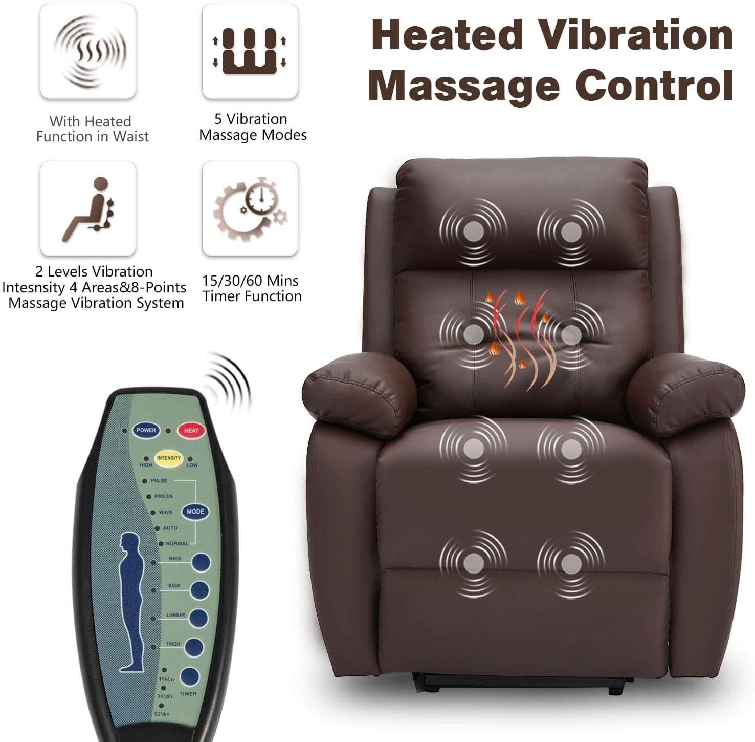 Homrest Electric Power Lift Recliner Chair Sofa for Elderly, Faux Leather Recliner Chair with Heated Vibration Massage, Side Pocket&USB Port(Brown)