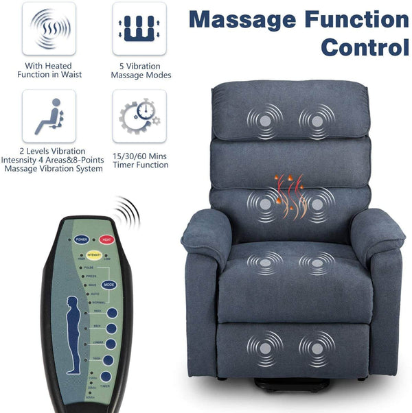 Homrest Dual Motor Electric Power Recliner Lift Chair Linen Fabric Electric Recliner for Elderly, Heated Vibration Massage Sofa with Remote Control, Blue