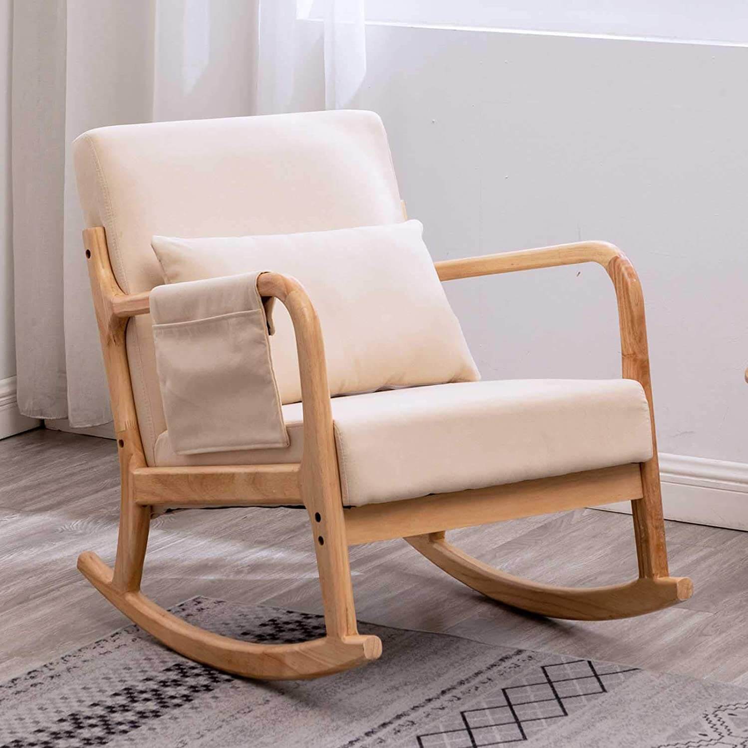 Mid-Century Rocking Chair and Ottoman, Glider Rocker Chair with Thick Padded Cushion and Pillow Linen Accent Chair for Living Room (Beige)