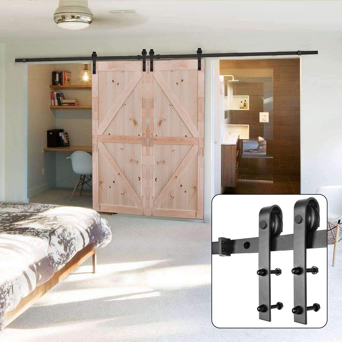 Homrest 13ft Bi-parting Sliding Barn Door Hardware Classic Steel Kit, J Shape