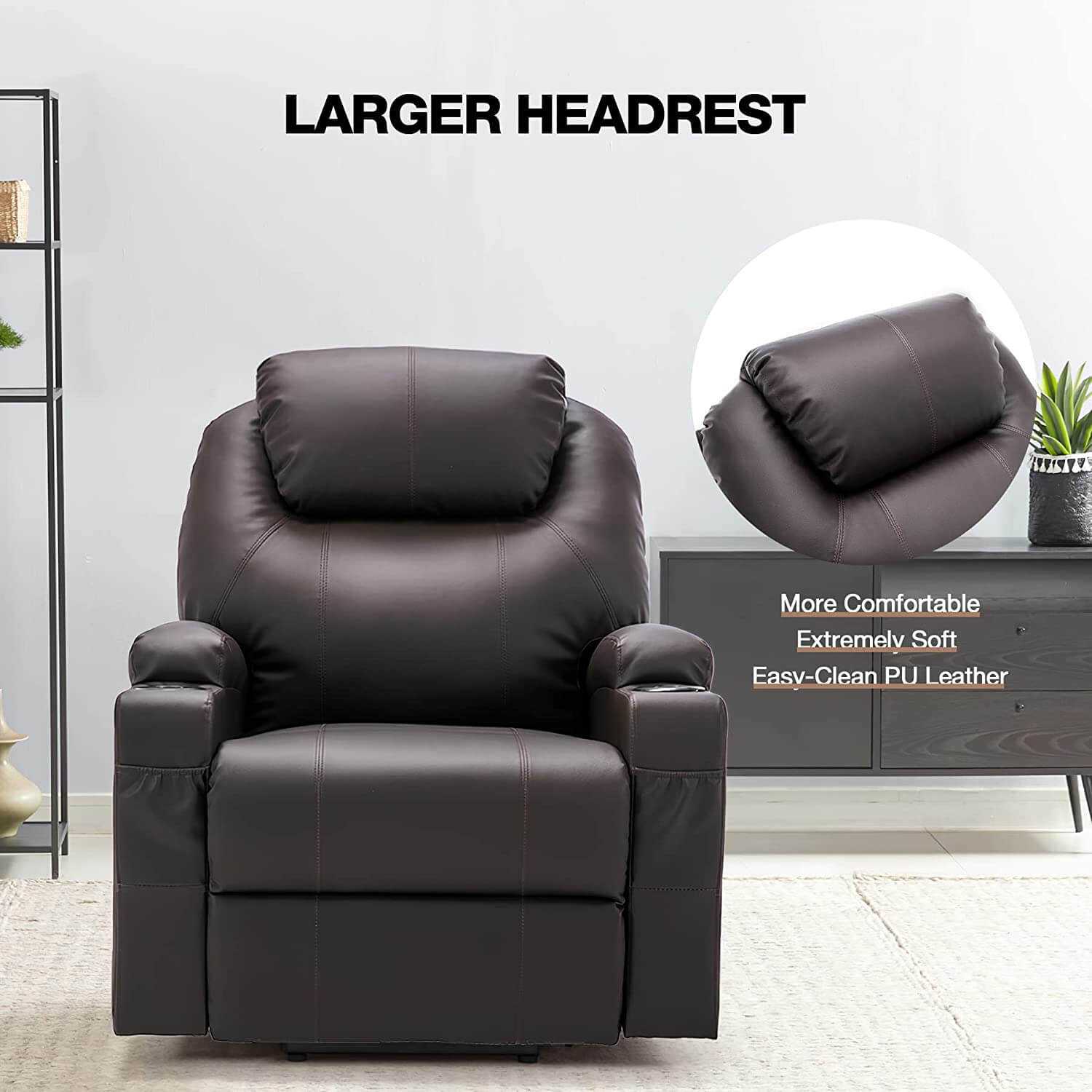 Homrest Power Lift Recliner Chair with Massage & Heat for Elderly, Leather Electric Recliner with 4 Side Pockets, Cup Holders & USB Port (Brown)