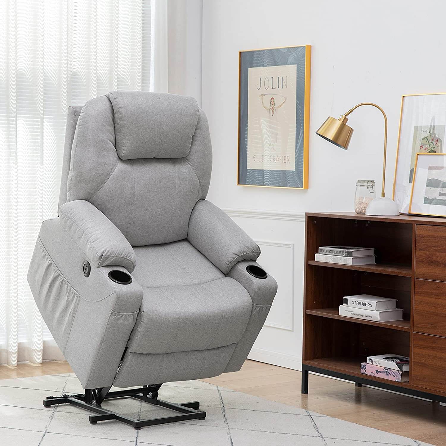 Homrest Electric Power Recliner Lift Chair Fabric Electric Recliner for Elderly, Heated Vibration Massage Sofa with Side Pockets, USB Charge Port & Remote Control(Gray)