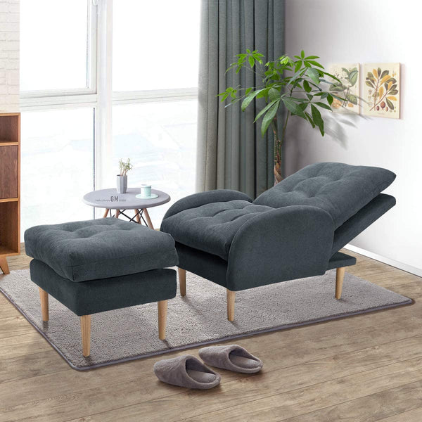 Sofa Chair with Ottoman Fabric Lounge Recliner Adjustable Backrest Grey Blue