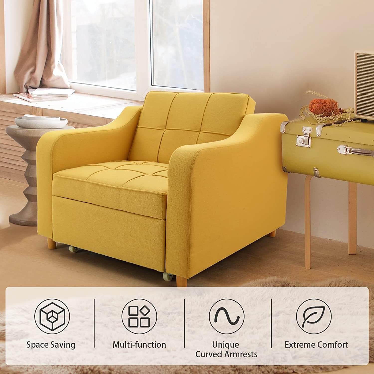 Homrest Upgrade Sofa Bed 3-in-1 Convertible Chair Multi-Functional Sofa Bed Adjustable Recliner for Living Room (Yellow)