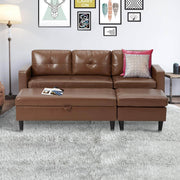 Small Faux Leather Sectional Sofa with Storage Ottoman and Chaise Lounge, 3-Seat Living Room Furniture Sets for Small Apartment, Brown