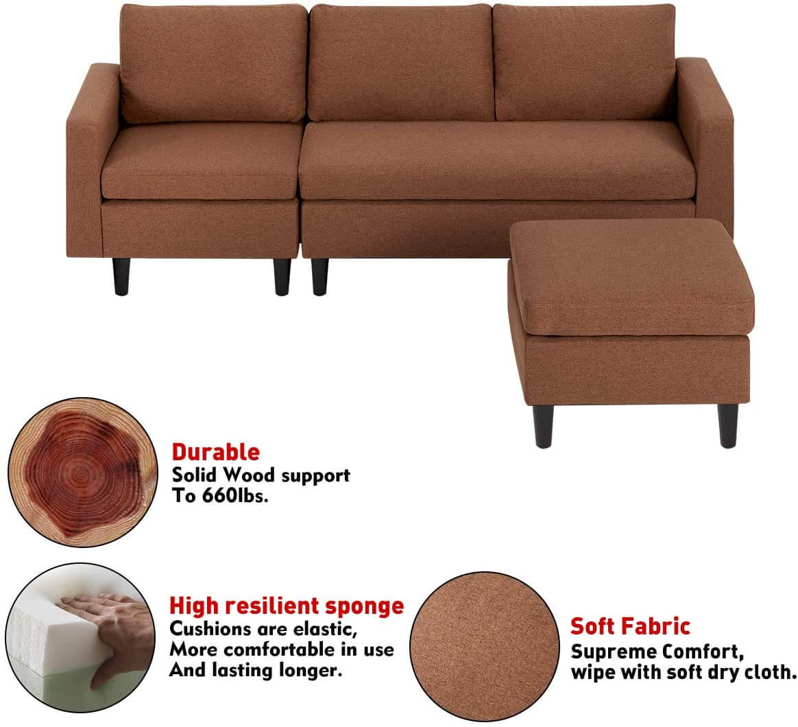 Small Sectional Sofa Couch Small 3 Piece Living Room Convertible Couch Linen Fabric L-Shape Couch with Chaise Lounge for Small Space Apartment, Brown