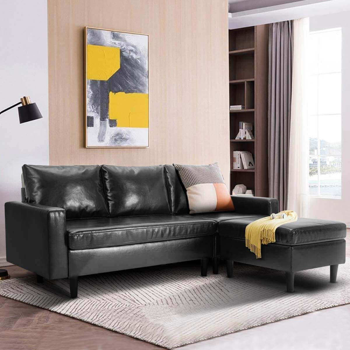 Homrest Enlarged Convertible Sectional Sofa Couch, 3-seat Sofa Couch with Ottoman, L-Shaped Sofa with Modern PU Leather Fabric for Living Room or Apartment, Black