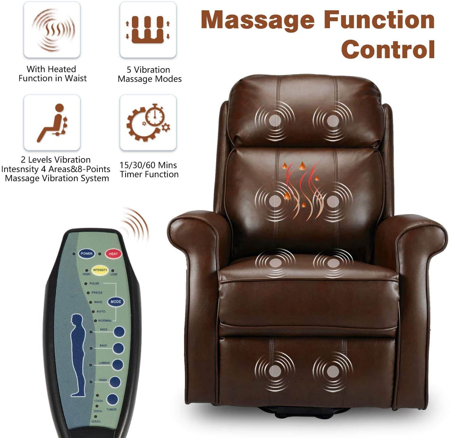 Homrest Electric Power Lift Recliner Chair, Faux Leather Electric Recliner for Elderly with Heated Vibration Massage, Side Pocket & Remote Control, Brown