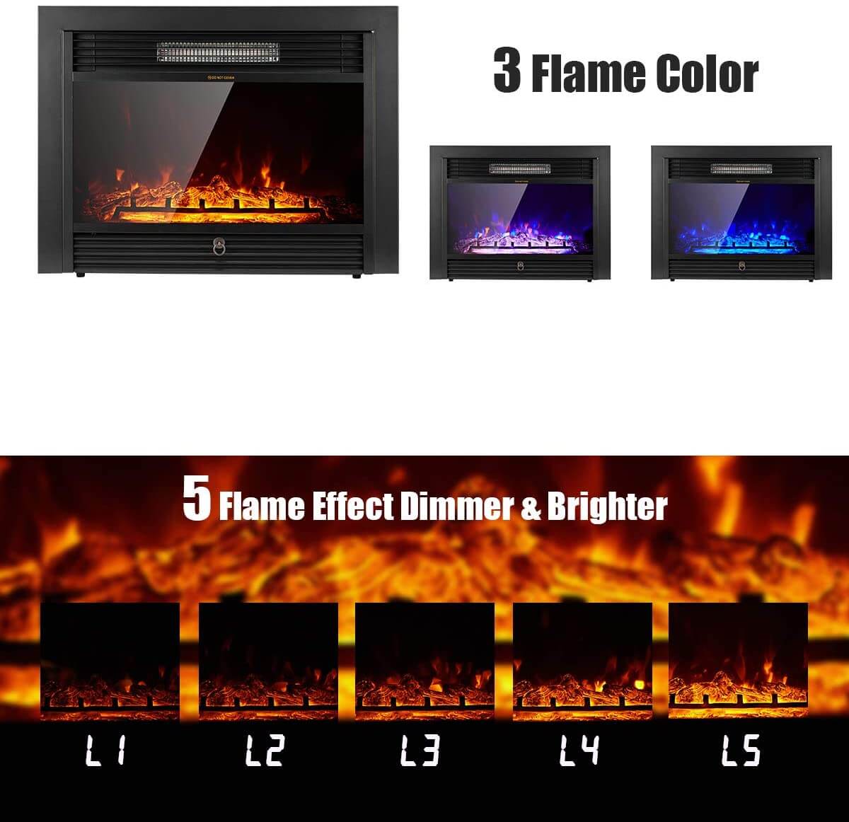 Homrest 28.5" Electric Fireplace Insert with 3 Color Flames, Fireplace Heater with Remote Control and Timer, 750w-1500W,Classic Style
