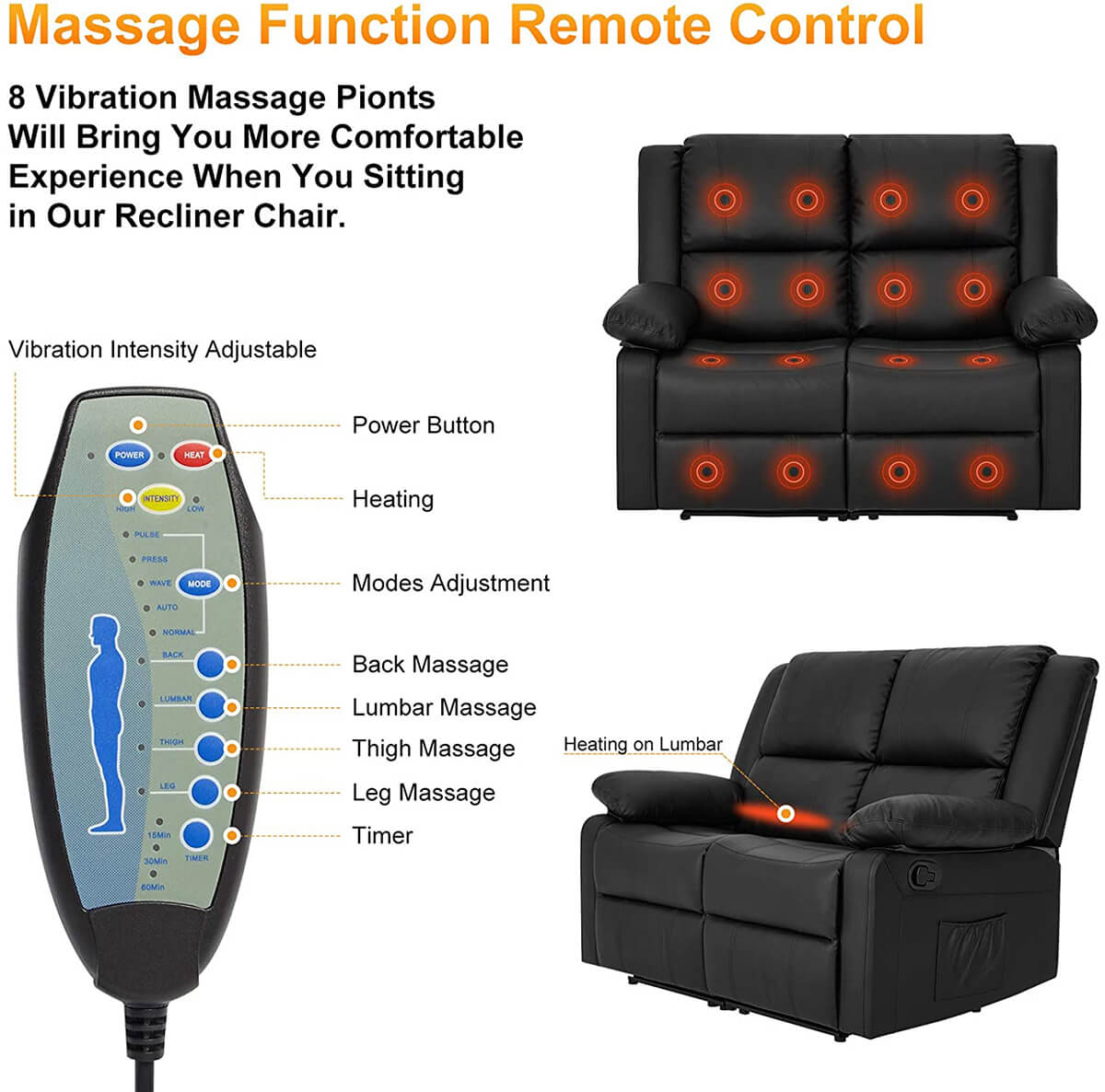Recliner Chair with Massage Heated Function, Modern PU Leather Lounge Chair with Side Pocket, 2 Seat Sofa Living Room Chair, Black
