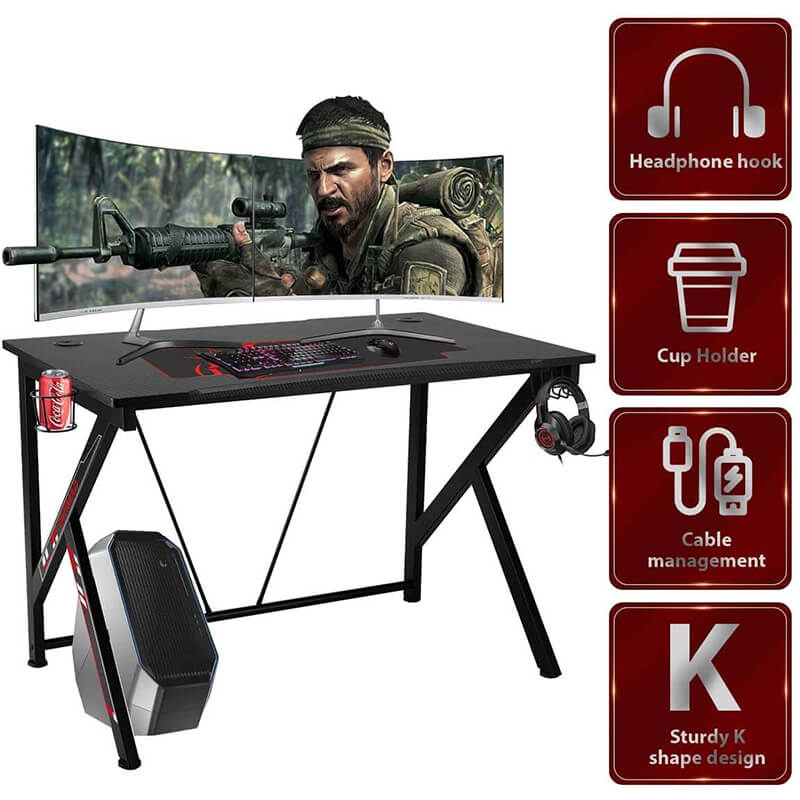 Homrest 42.5" Gaming Desk K-Shape Gaming Table Home Computer Desk with Cup Holder and Headphone Hook Gamer Workstation Game Table, Red