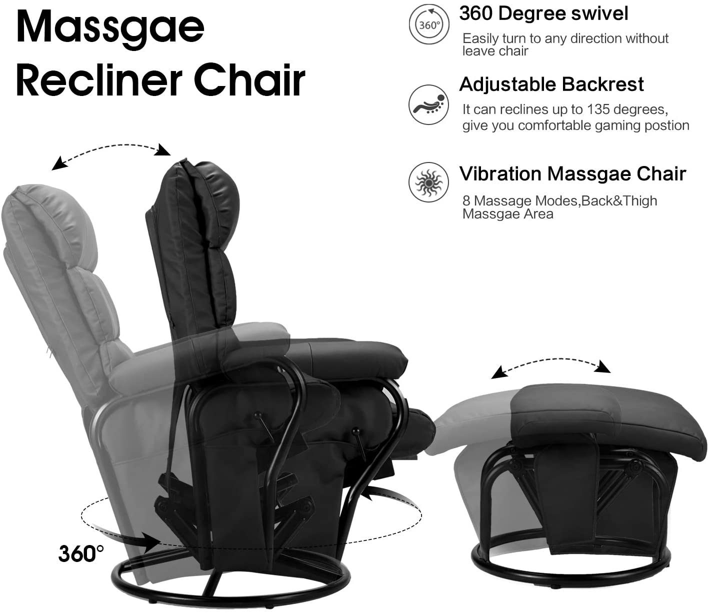 Faux Leather Glider Recliner Massage Lounge Chair Black