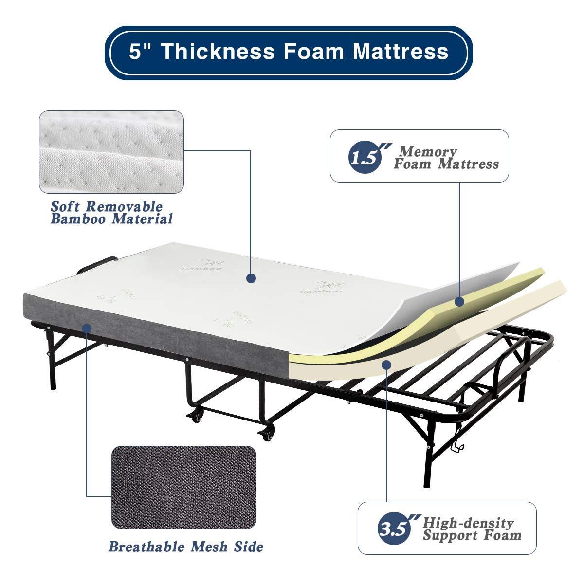 Homrest Portable Folding Bed with 5 Inch Memory Foam Mattress