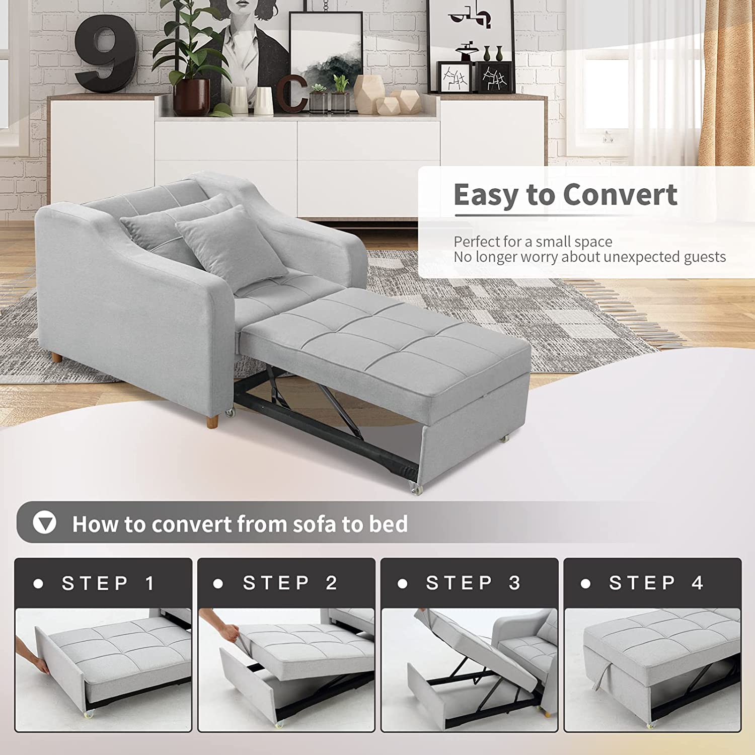 Homrest Upgrade Sofa Bed 3-in-1 Convertible Chair Multi-Functional Sofa Bed Adjustable Recliner for Living Room (Light Grey)