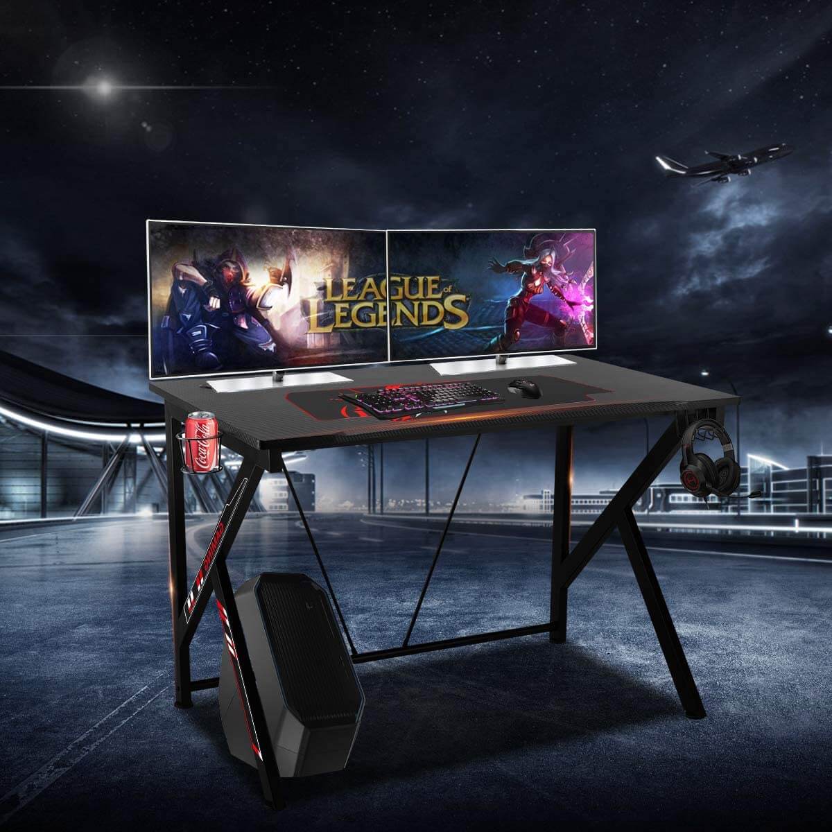 Homrest 42.5" Gaming Desk K-Shape Gaming Table Home Computer Desk with Cup Holder and Headphone Hook Gamer Workstation Game Table, Red