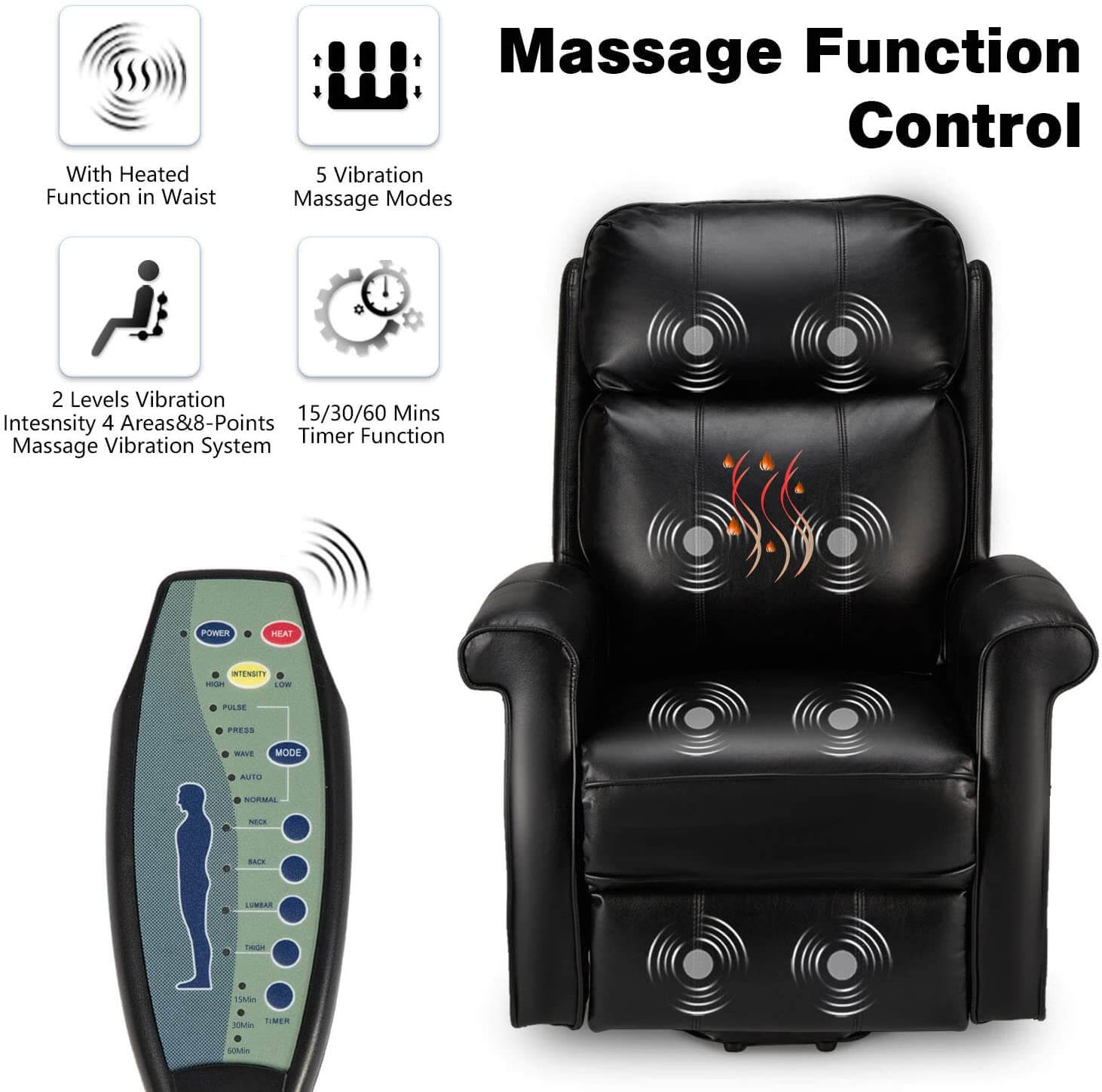 Homrest Electric Power Lift Recliner Chair, Faux Leather Electric Recliner for Elderly with Heated Vibration Massage(Black)