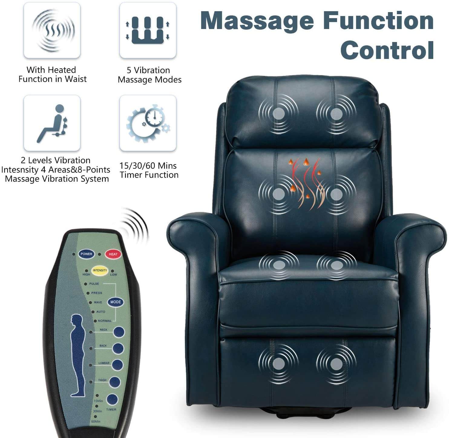 Homrest Electric Power Lift Recliner Chair, Faux Leather Electric Recliner for Elderly with Heated Vibration Massage, Side Pocket & Remote Control, Blue