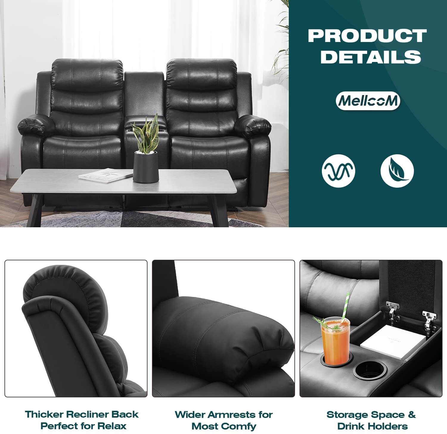 Homrest Reclining Double Loveseat with Storage Console for Living Room, Black