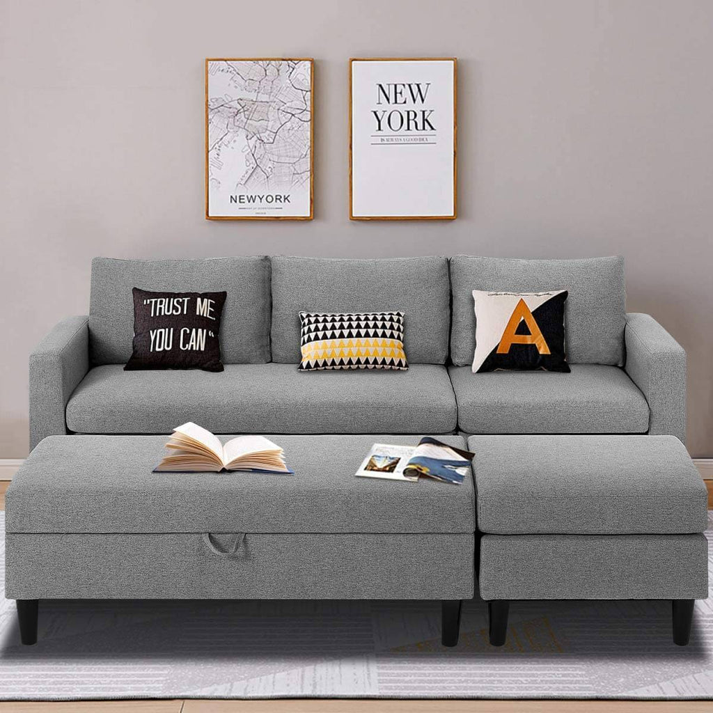 Homrest Gray Sectional Sofa with Ottoman and Chaise Lounge, 3-Seat Living Room Furniture Sets, L-Shape Couch Sofa for Living Room