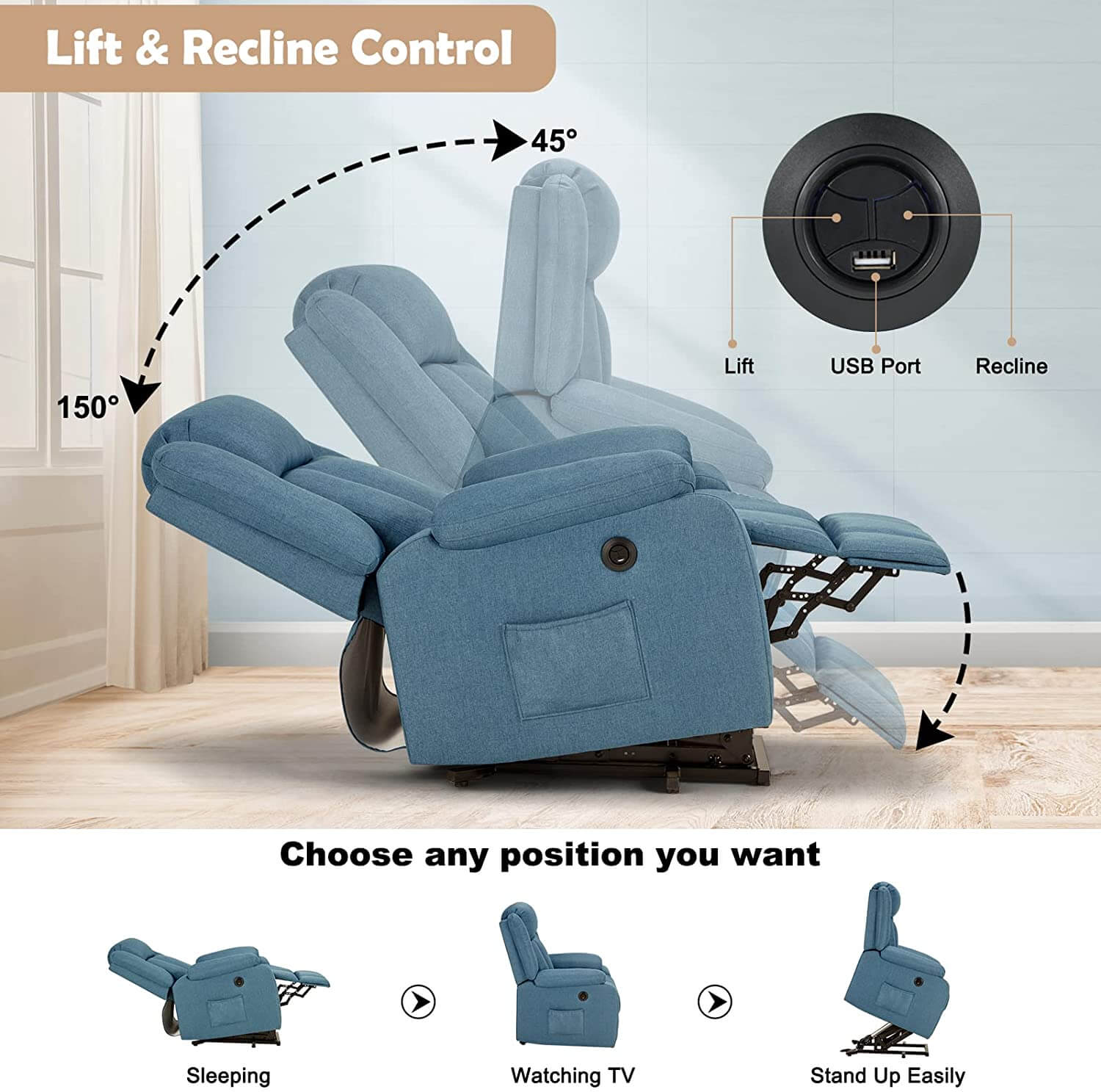 Homrest adjustable power lift recliner chair, peacock blue