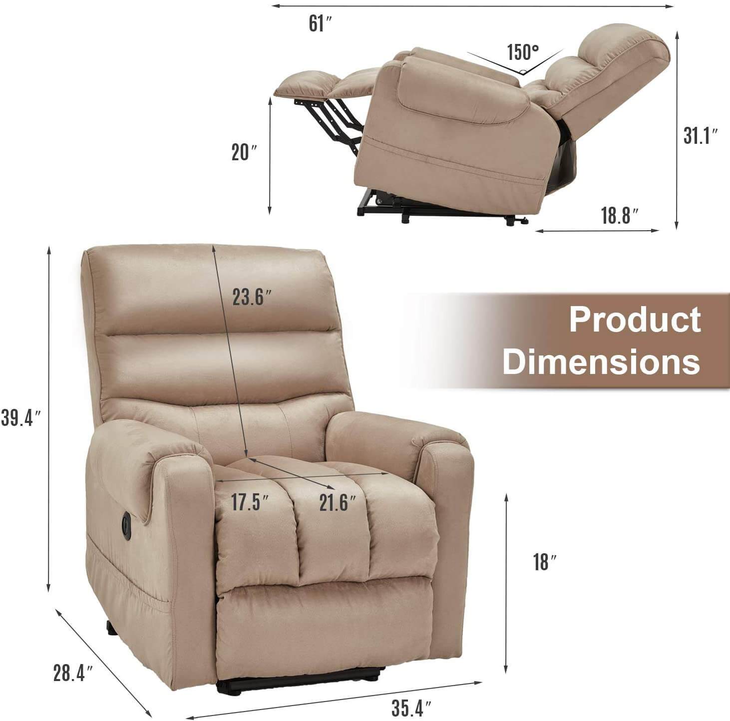 Homrest Electric Power Lift Recliner Chair Recliner Sofa for Elderly, Microfiber Recliner Chair with Heated Vibration Massage, 2 Side Pockets and USB Ports, Beige